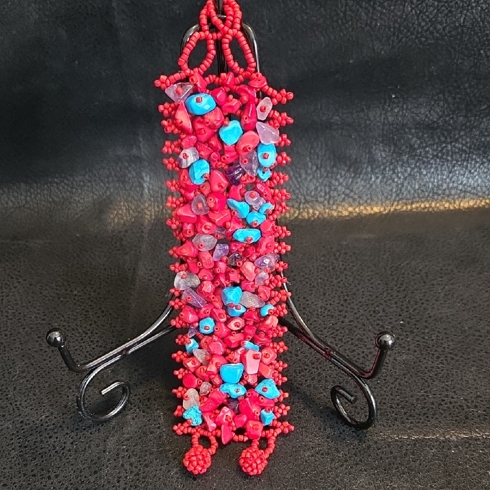 Handmade Red Beaded Bracelet with Turquoise And Natural Stone Chip Accents